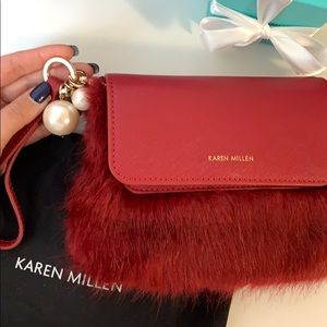 Karen Miller Fluffy Fur and Leather Clutch Bag